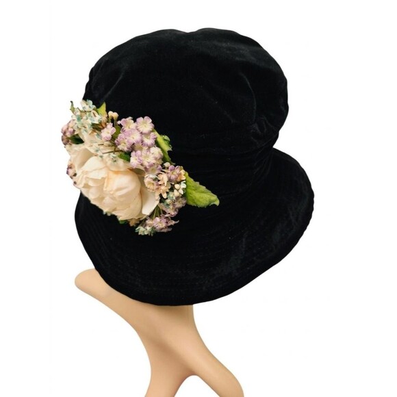 Vintage Importa Black Velvet Flower Wide Brim Hat, Cotton main image 4